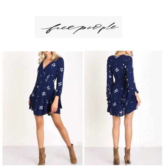 Free People Blue White Jasmine Floral Embroidered Long Bell Sleeve Gauzy Dress 2 - Picture 1 of 15